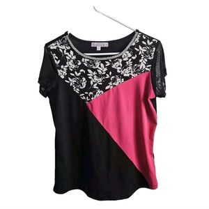 Sweet Violet Top Women Blouse Floral Black Pink Tee Size S Stretchy Rhinestones.